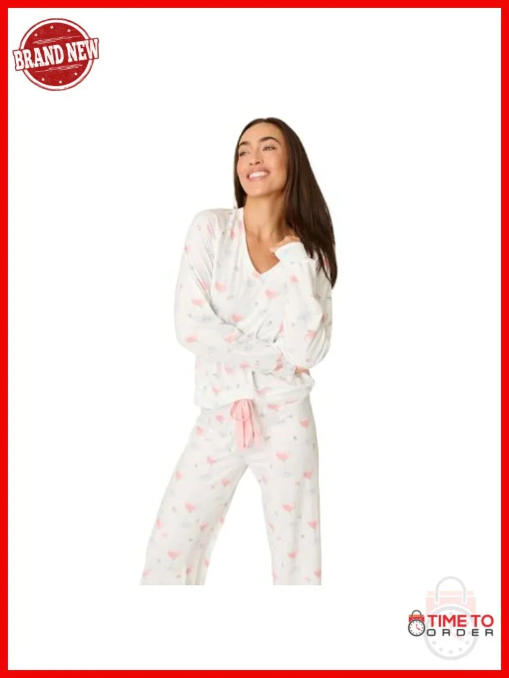 Cloud Jersey Open-bottom Pajama 2-piece Set with Wine Glass Print